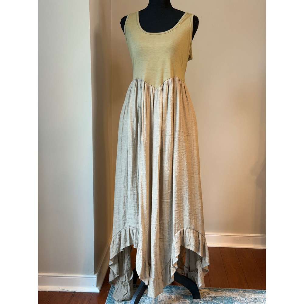 Joyfolie Maxi Dress Womens M Sage Green Crinkle Handkerchief Hem Ruffle Boho